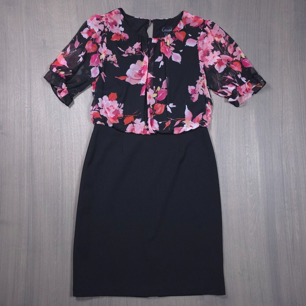 Connected Apparel Floral Chiffon Popover Sheath Dress Black Pink Womens Size 10